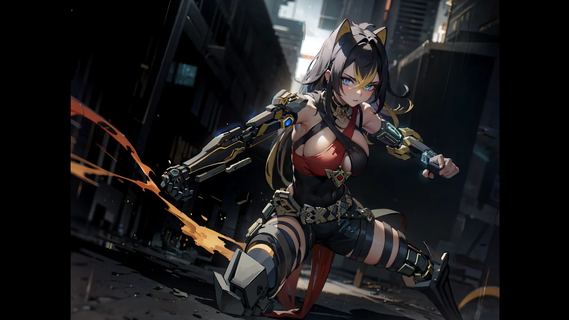 a woman in a costume that is standing up with her hands on her pockets, and fists out to the ground while wearing gloves with boots

