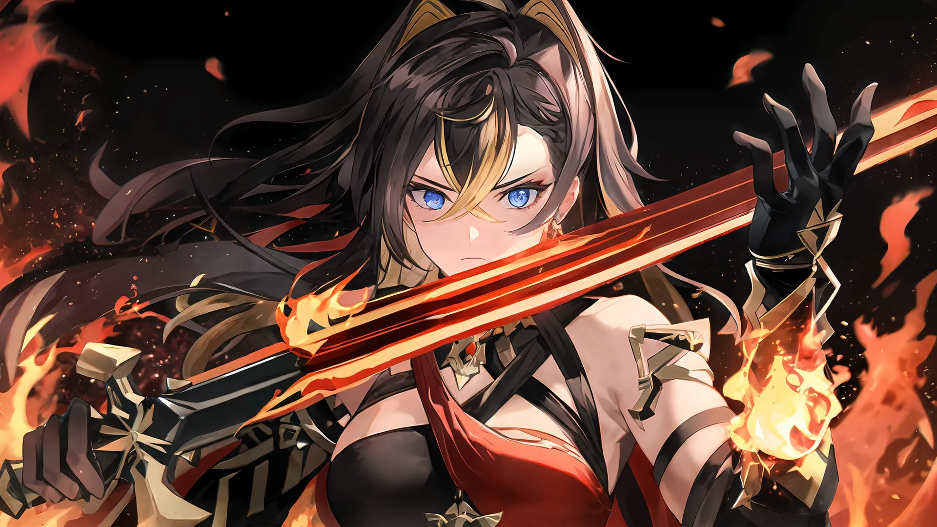 an image of a anime character with fire in the background and flames around her from behind her shoulders, the character wears armor like a knight