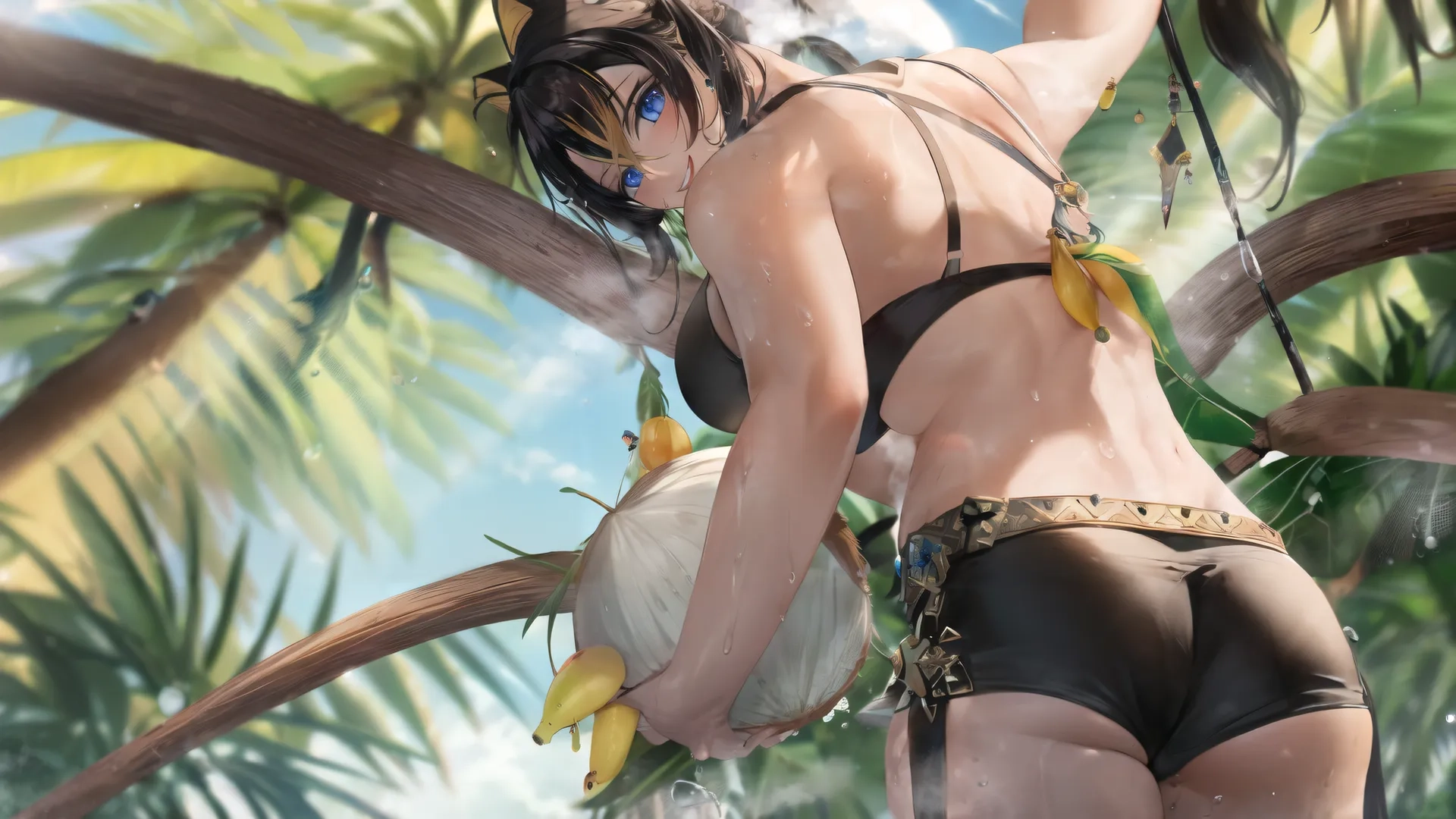 a woman standing underneath an umbrella near some trees and birds in the sky during the day with the blue eyes and body half visible with palm trees all around her
