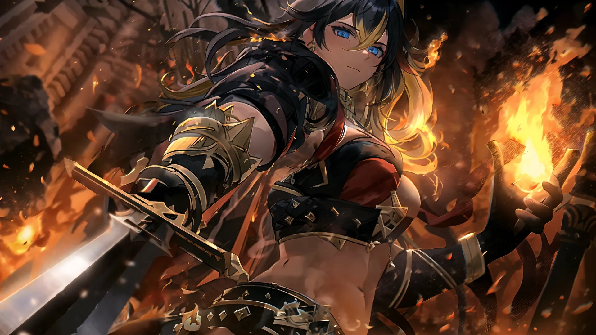 a woman with a sword is in front of a fire curtain in a building with fireballs in her eyes as a background backdrop image
