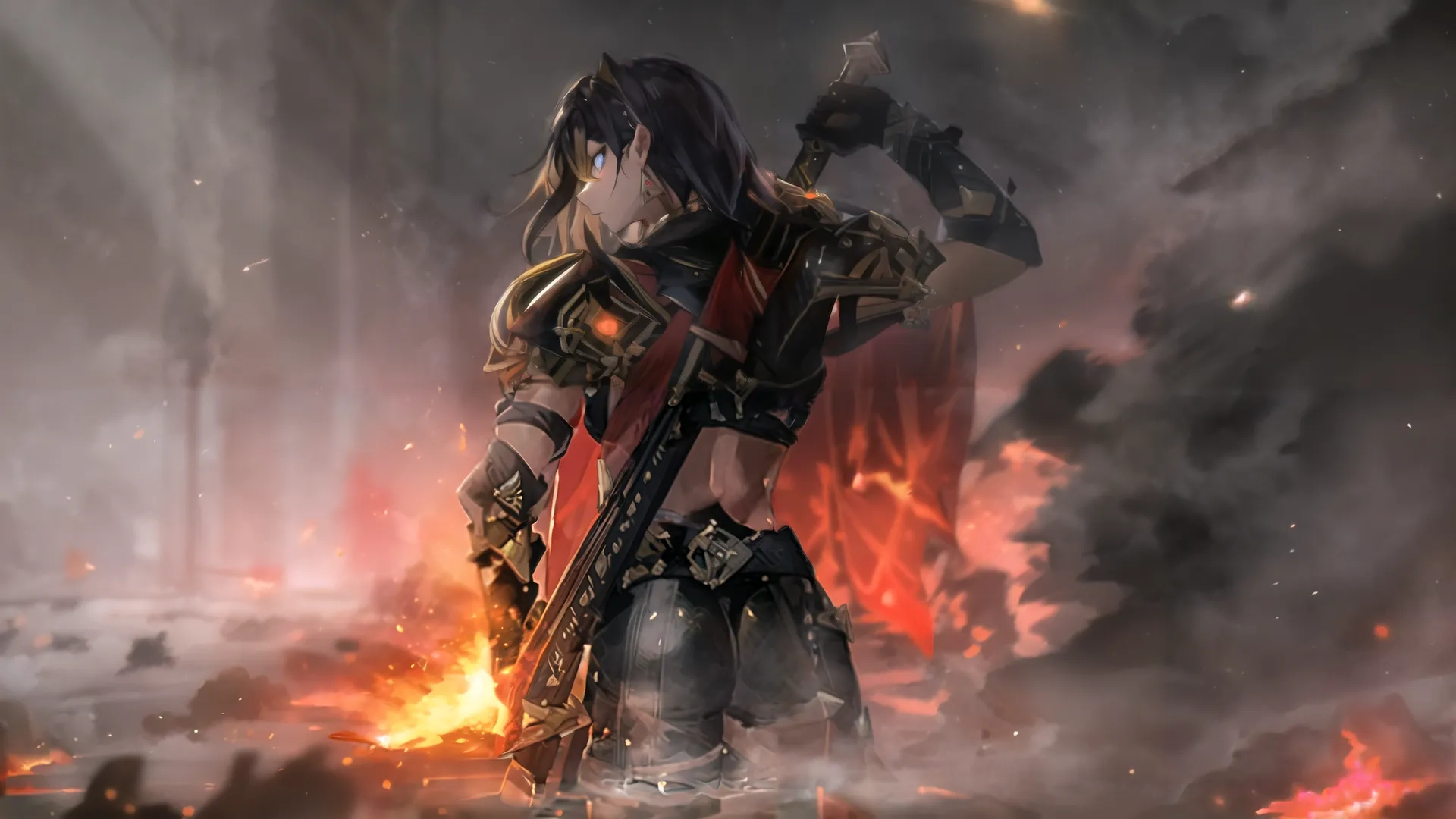 a girl dressed as a knight standing in front of a wall with an ax gun on her shoulder and a flame in the air behind her