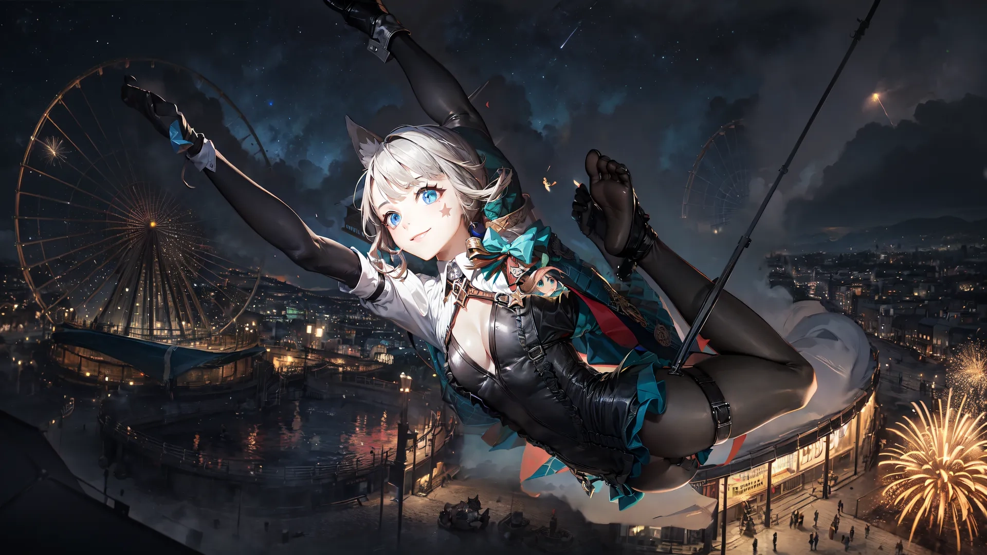 a girl swinging a ferris near a ferris wheel at night of her life and life on a carousel above a city surrounded by fireworks and carnivals