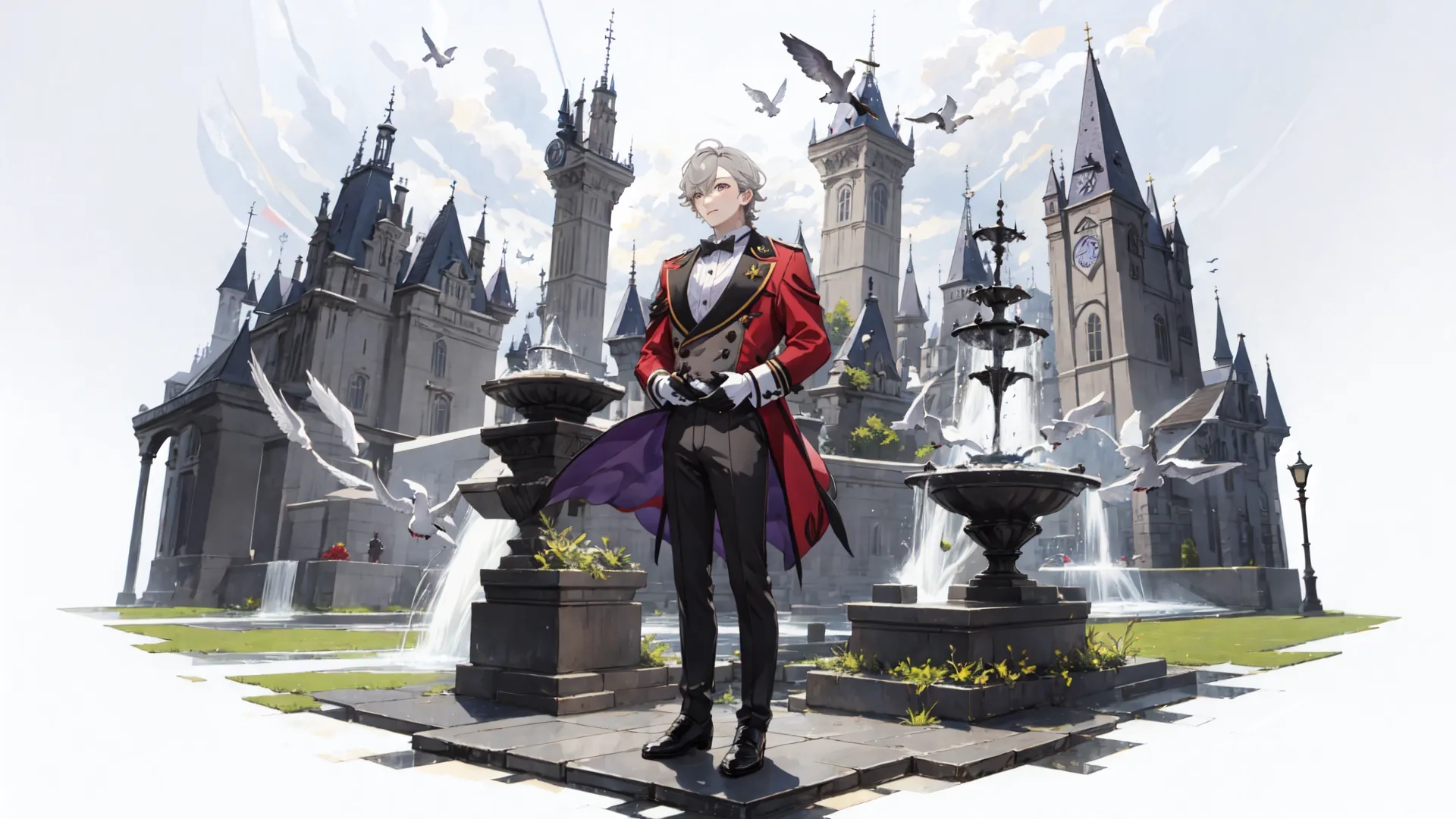 a man with white hair and white hair wearing red standing in front of a castle wearing a black suit with a purple cape on his shoulders