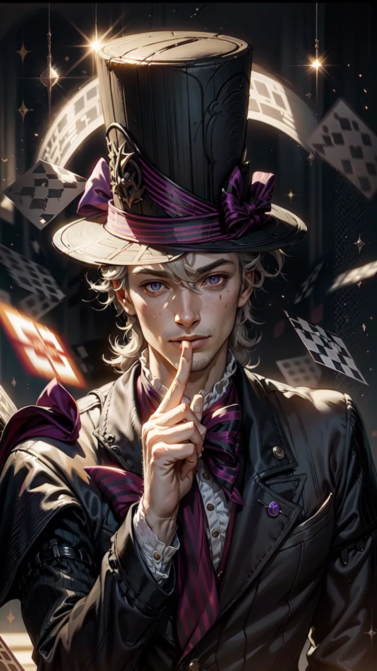 a man in a top hat with a knife in his mouth is posing for a photo and he holds his hand up up to his lips
