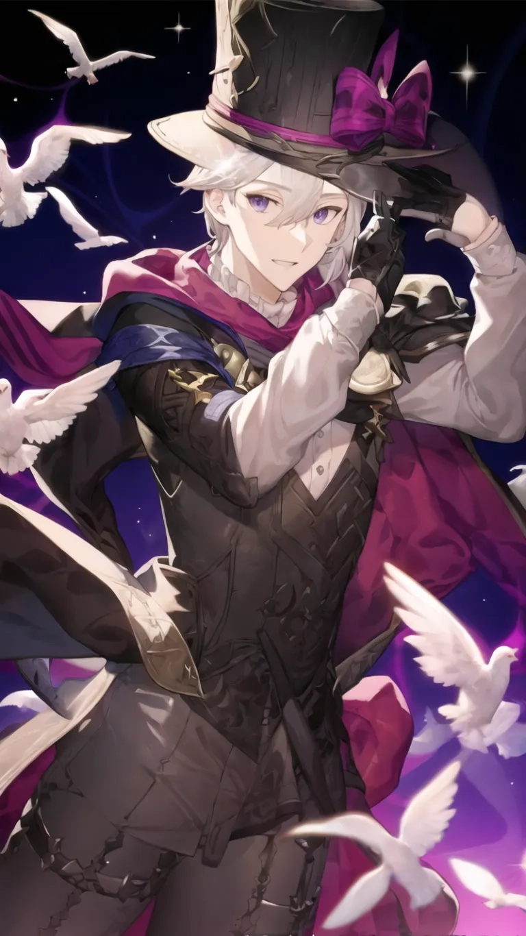 an anime girl is holding three white birds flying in the sky as she stands amongst clouds of birds as well on top of a red cape
