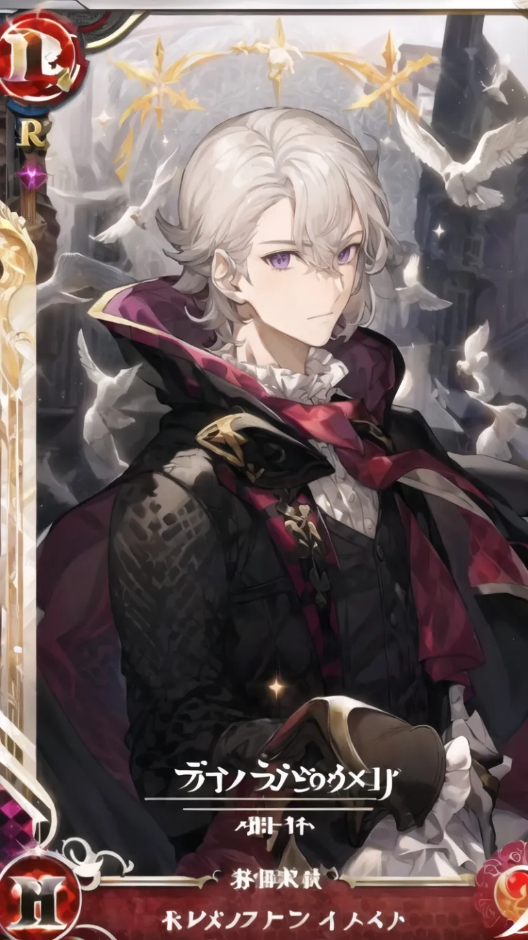 an anime character with white hair and a red cape is holding a sword and a gold scyther on the head are two birds
