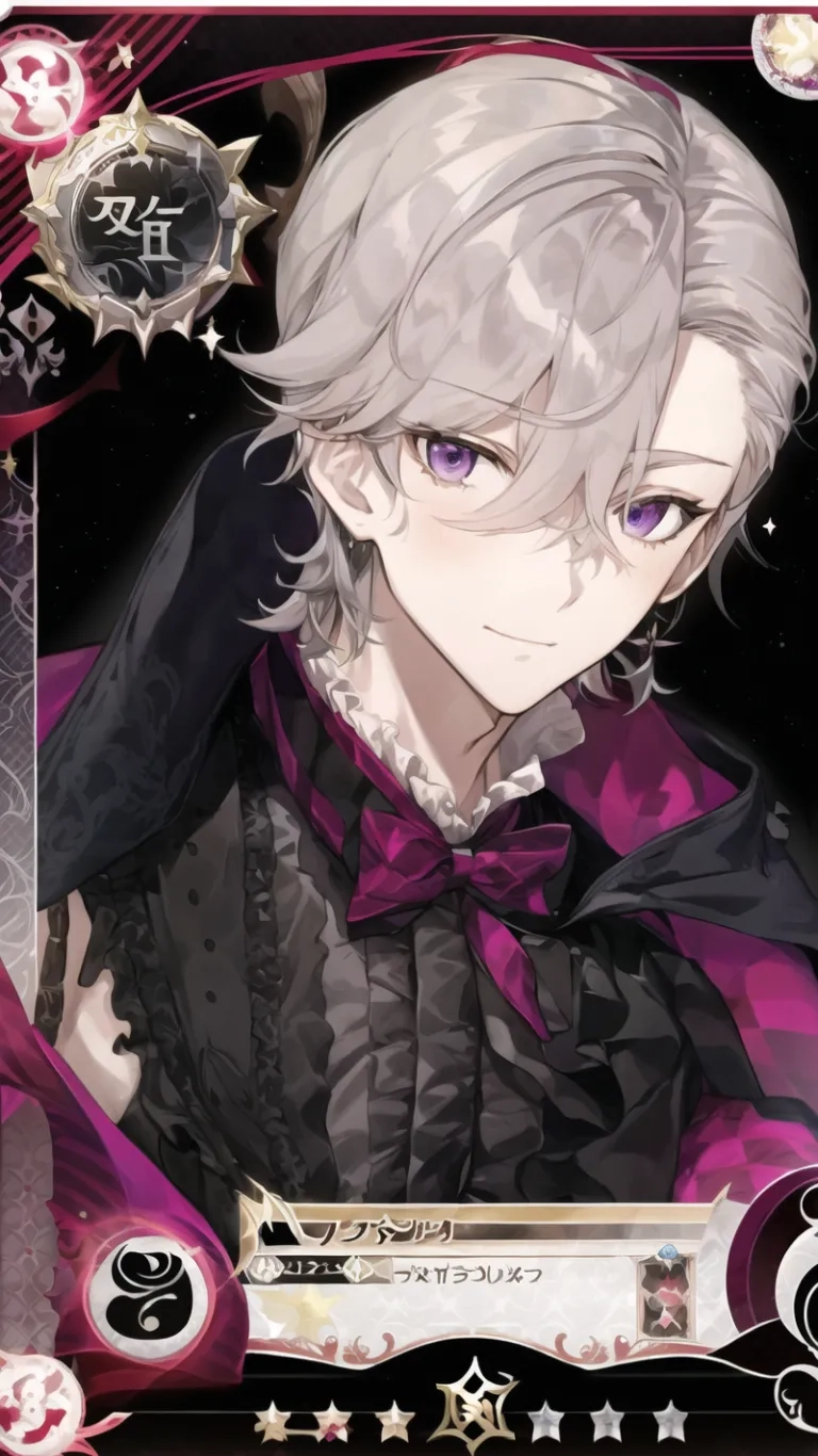 the anime character stands behind star shaped objects in a frame of cards with purple highlights on them and pink circles around he's edges
