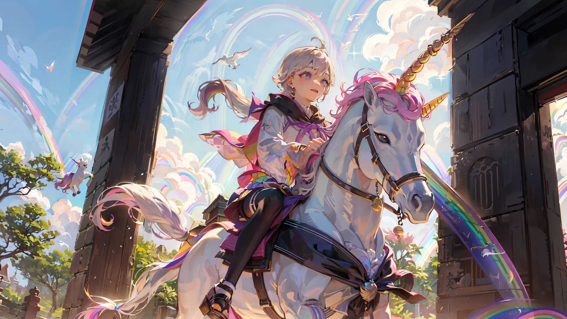a girl with blonde hair riding on top of a white horse and being ridden by a unicorn next to a rainbow bubble filled window or arch