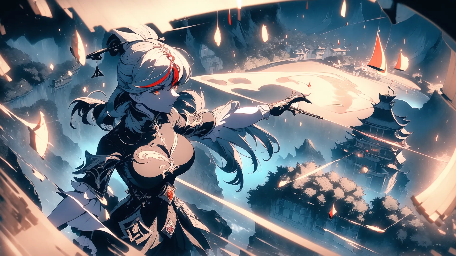 an anime character standing on top of snow covered ground next to a tree and some falling leaves in the background with lights on them, and falling down