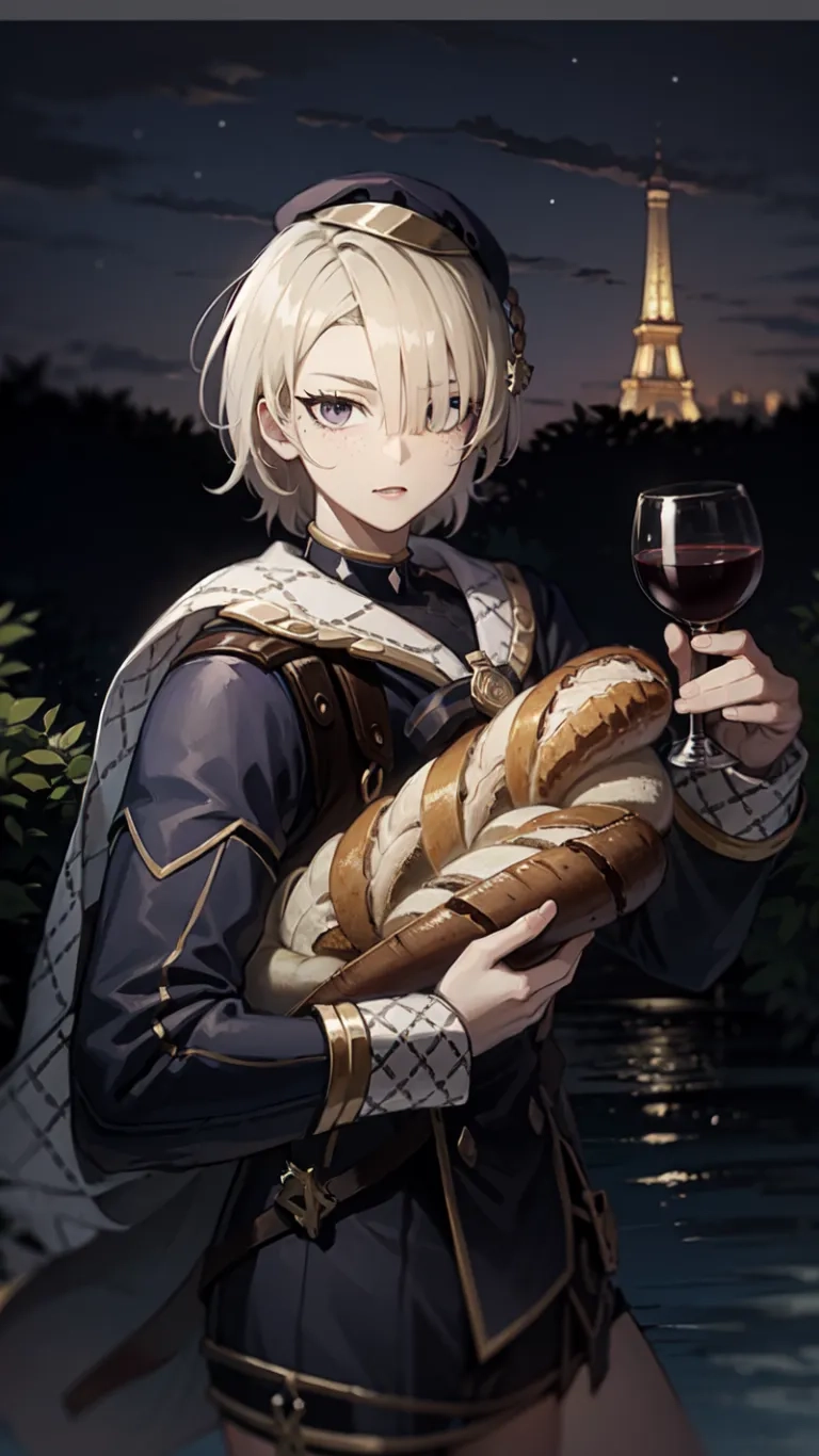 female anime character holding bread and glass of wine in front of eiffel tower in paris, france at night time, by the water