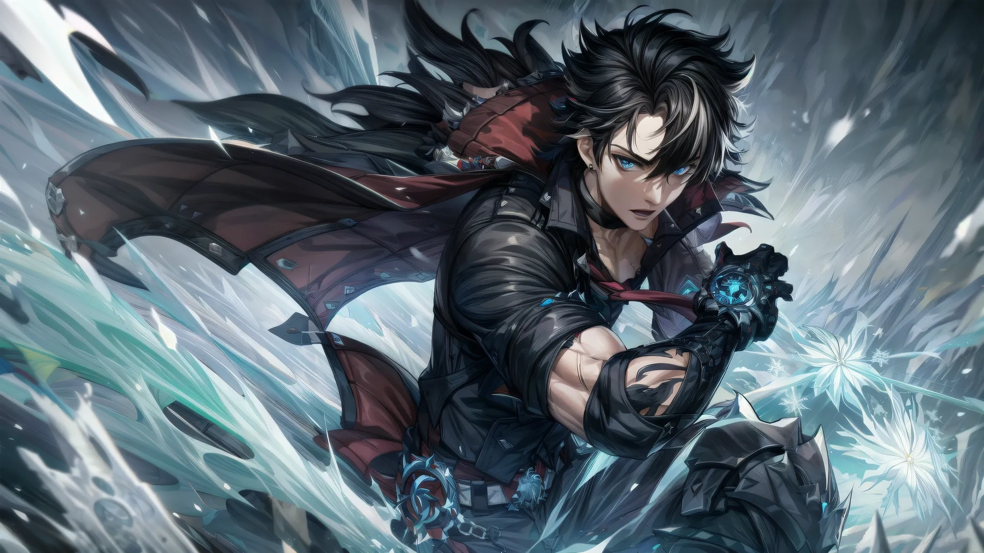 the hero of a legend with his sword is leaping over snow as he prepares to jump through snow flakes around his waists and hands
