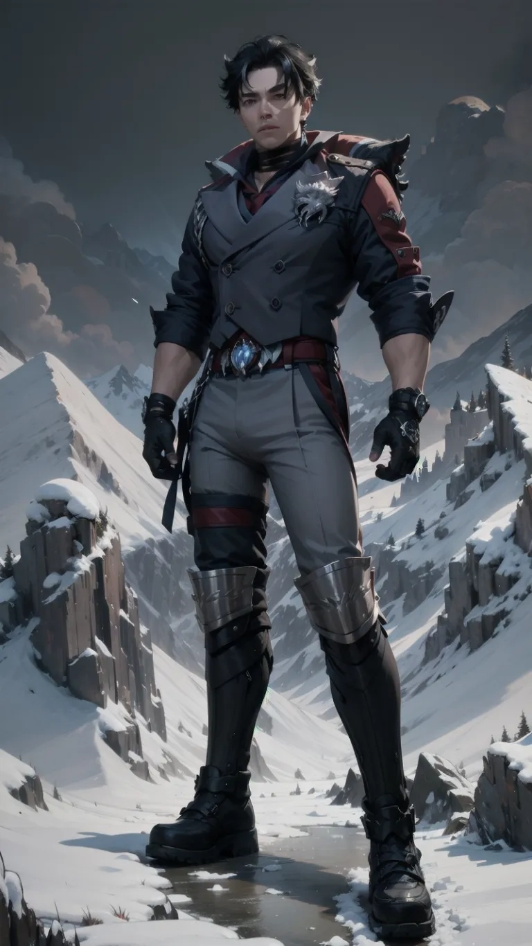 a young man on top of a snowy mountain with a sword in hand and mittens, and goggles on at the waist with gloves