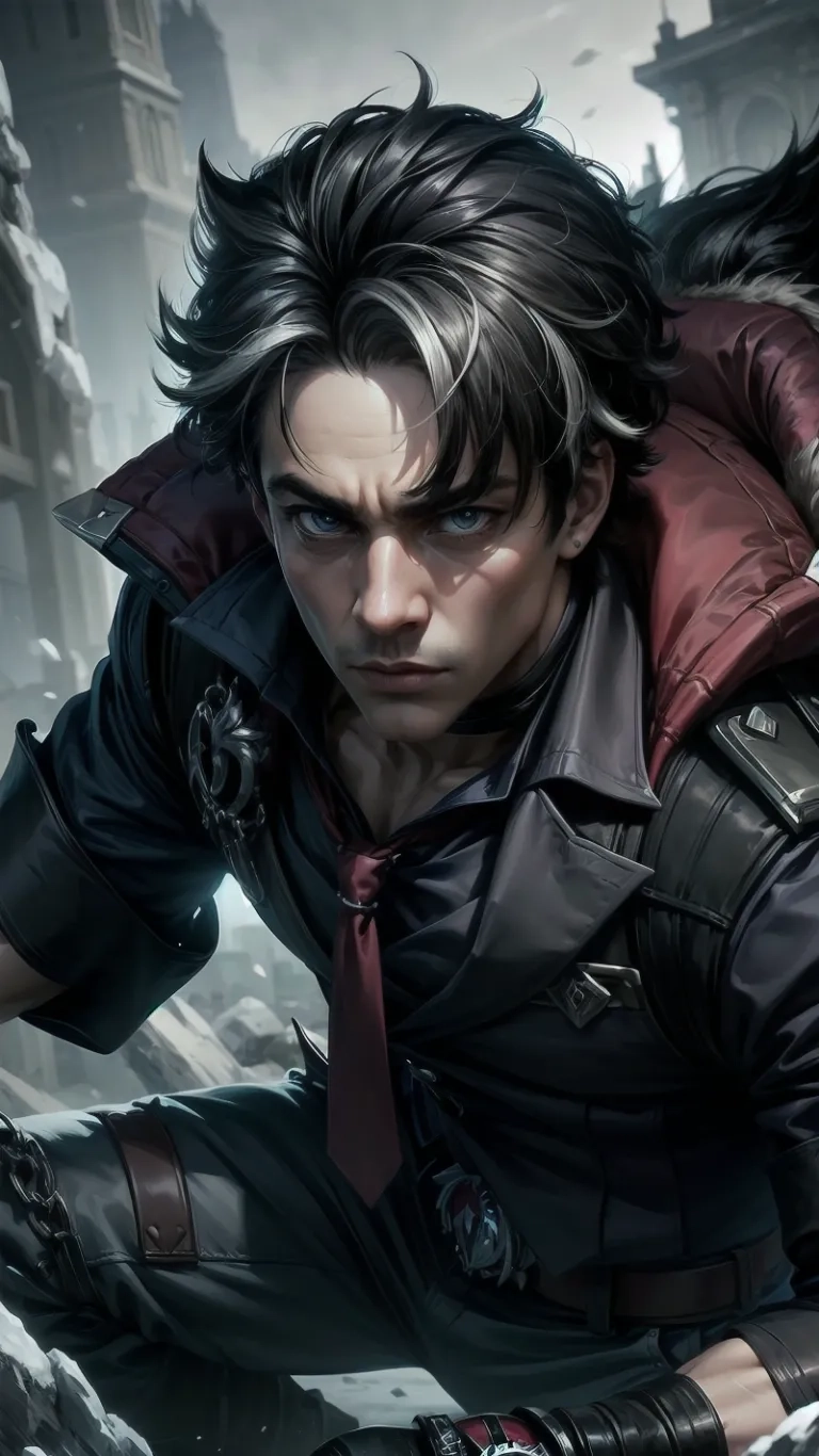close up of a male character in a fight pose holding a sword and holding something near his ear, with a lot of gray hair
