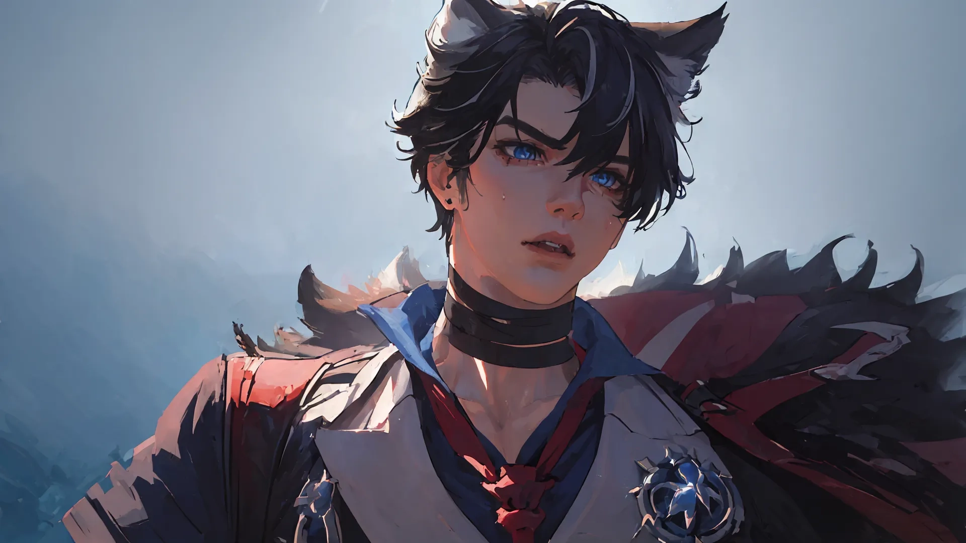 a game character with dark hair, horns and armor looking to the side on a sunny day in wintertime with a dog in front