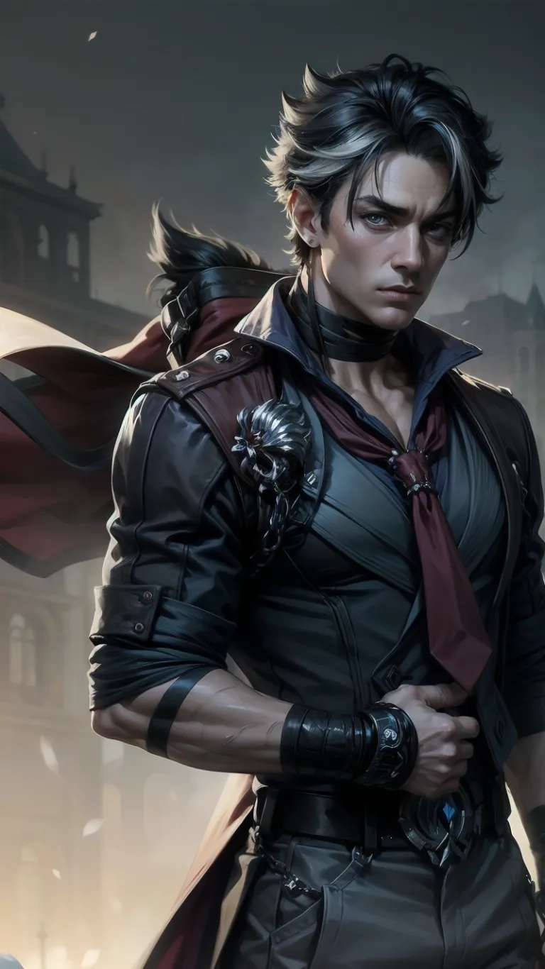 an image of the magician with long hair and black clothing posing for a photo in city on top of clouds and buildings in background,
