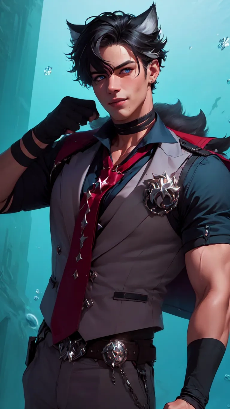 the anime character is wearing a red tie and dark top shirt as he leans against a green wall under a bright blue sky background with snowflora