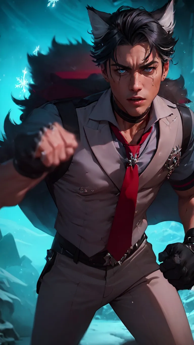 a person is standing in a room with a cat's hair and sunglasses, a red tie and some gloves on, and the background has blue light shining
