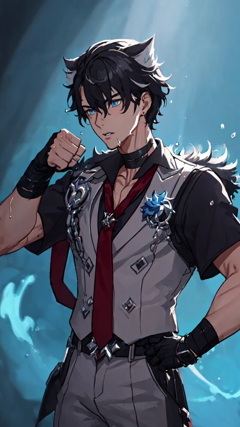 a man standing with his hands in his pockets while holding a sword in one hand and staring sideways across the other at something blue behind him