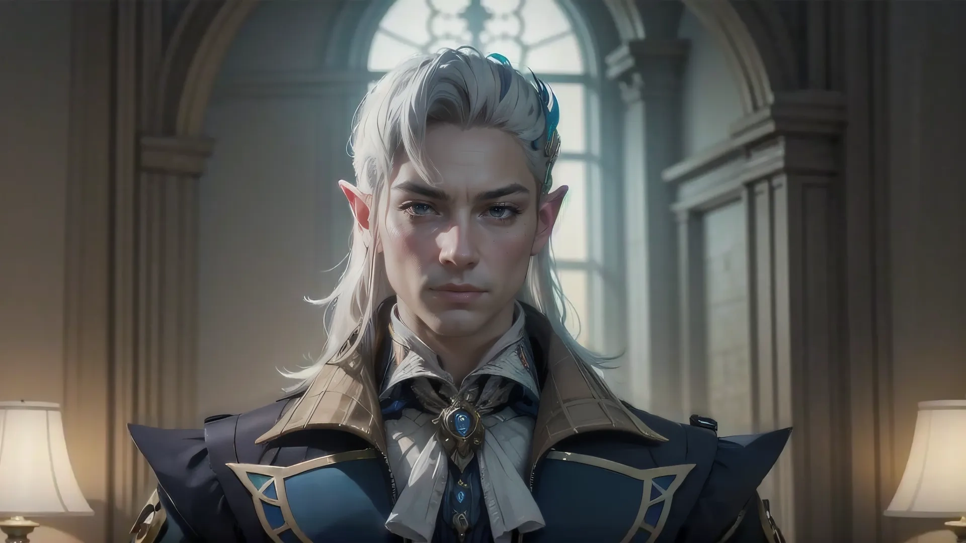 the blonde haired male elf is posing with two lamps next to her and a picture of the stained glass window on a wall behind him
