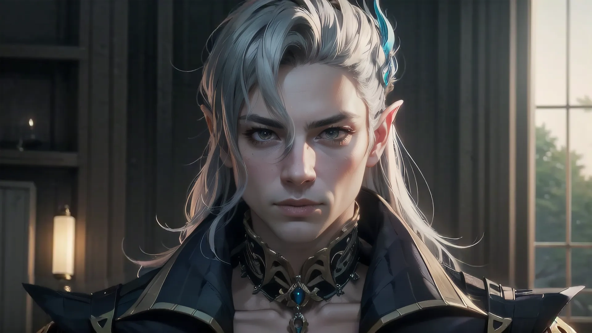 a close up of an anime with hair and blue eyes wearing a black jacket and statement collar necklaces and green beads on her neck
