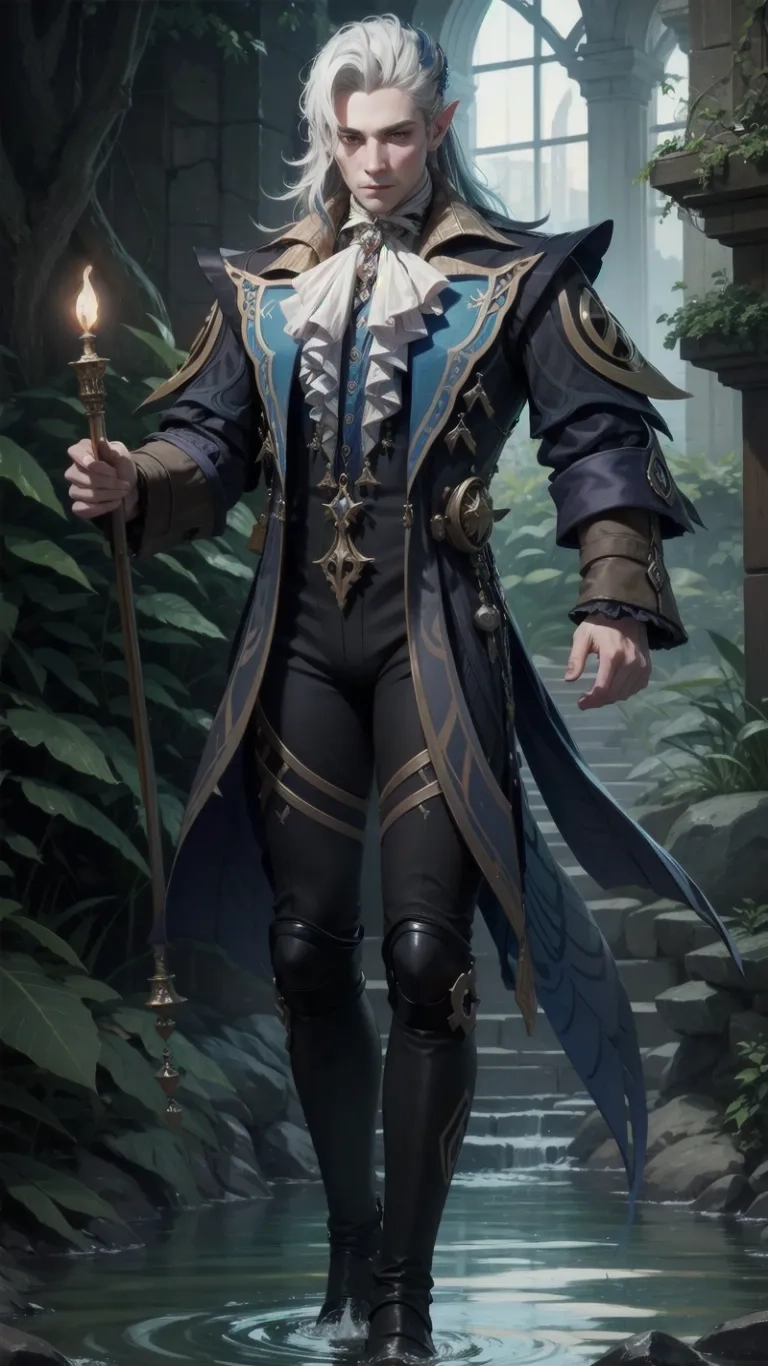 a white haired male on a small stream holding a wand in his left hand and a staff across his shoulder at one leg, with green foliage covered grounds in the background
