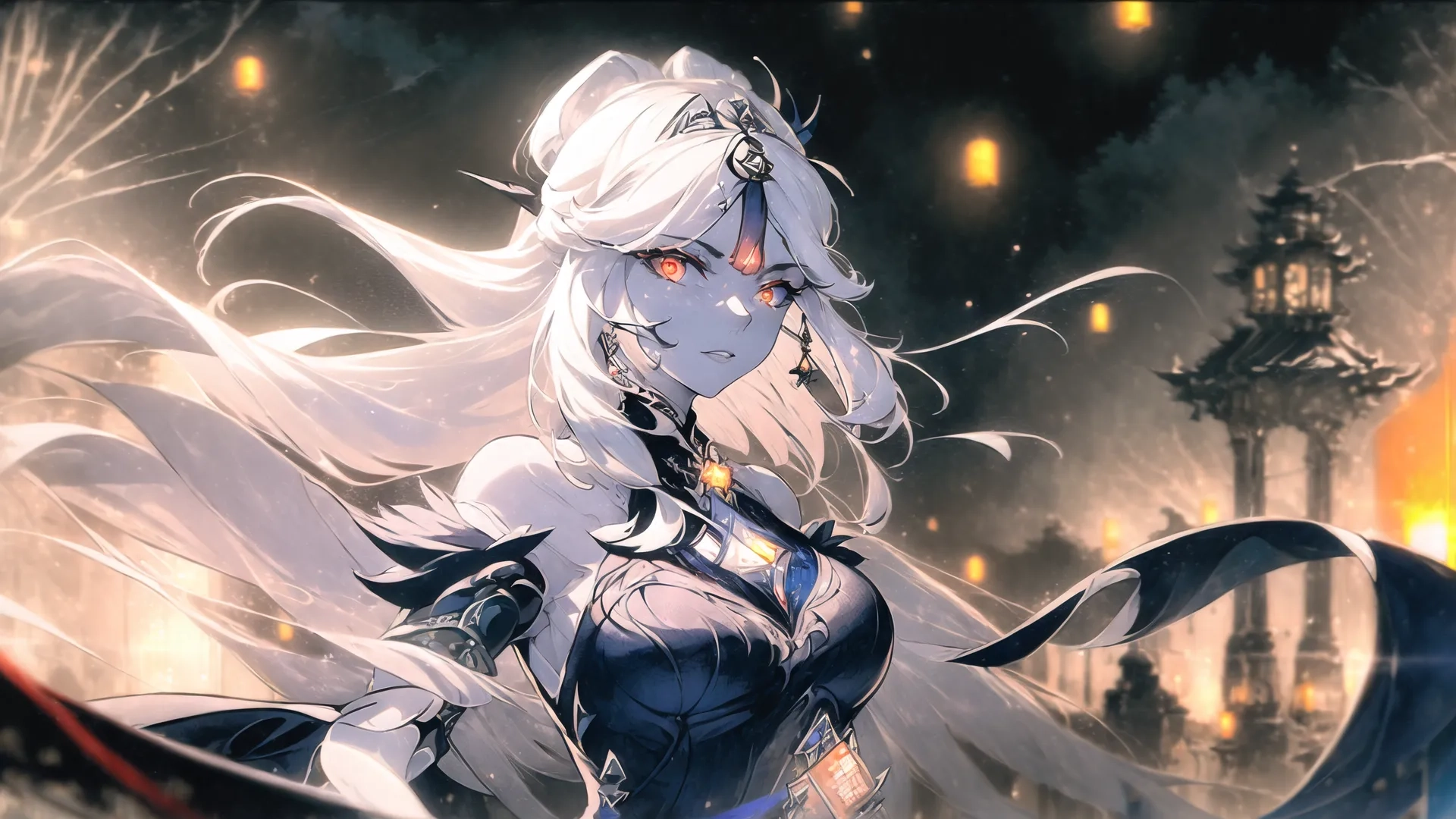 an illustration of an asian lady at the night outside in a futuristic city and in darkness with an unusually dressed up look and her hands close up
