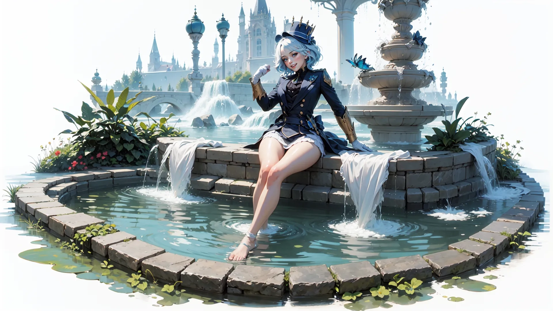 a young girl sitting on a fountain near small waterfalls in a park with a castle in the background and fountains pouring water over her her
