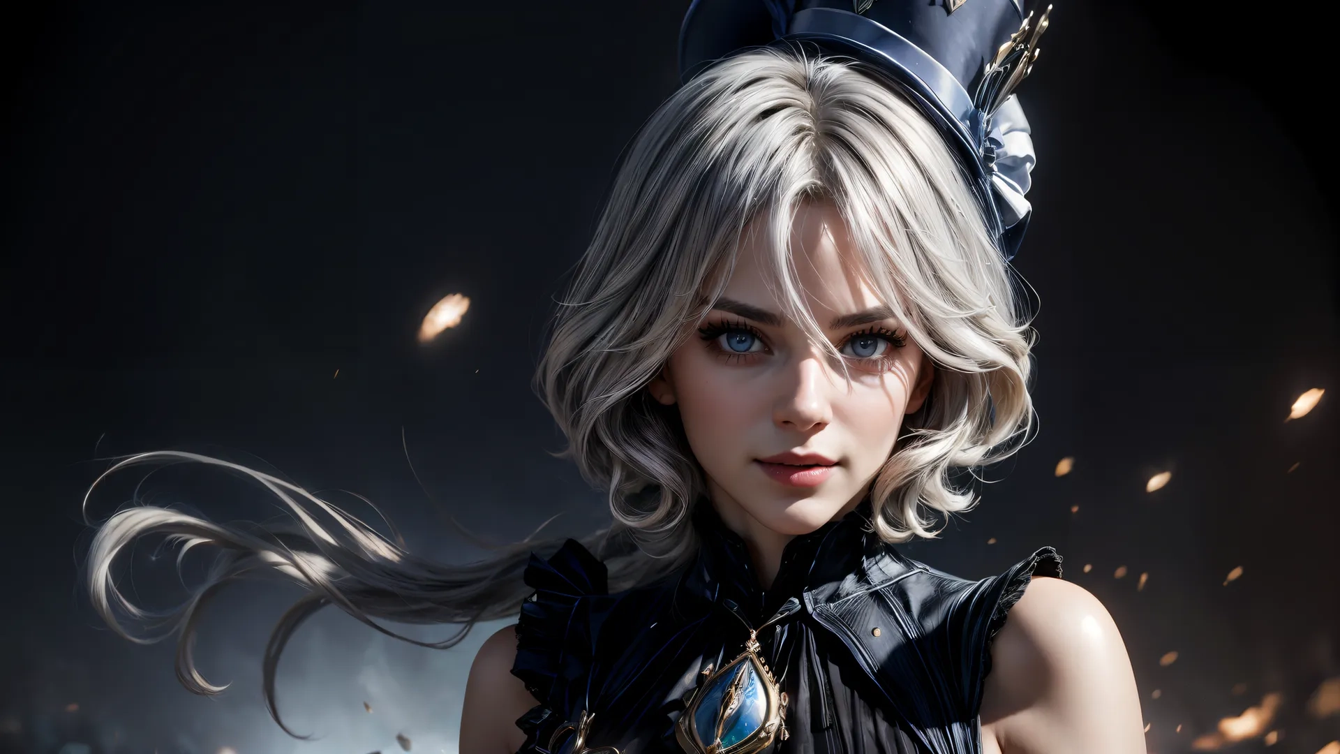 a woman with silver hair and a hat, and wearing a top hat and gloves on, is staring back at viewer with flames in the background
