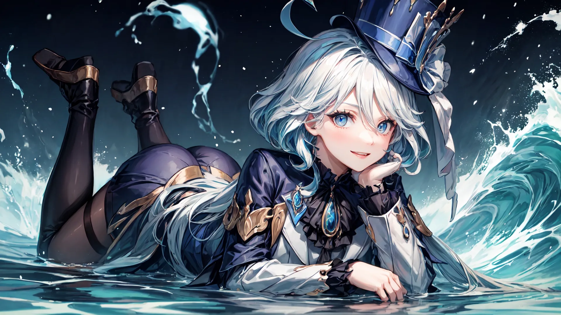 this is an artist's rendering of a sailor and a girl in action pose next to some waves and water with a hat on