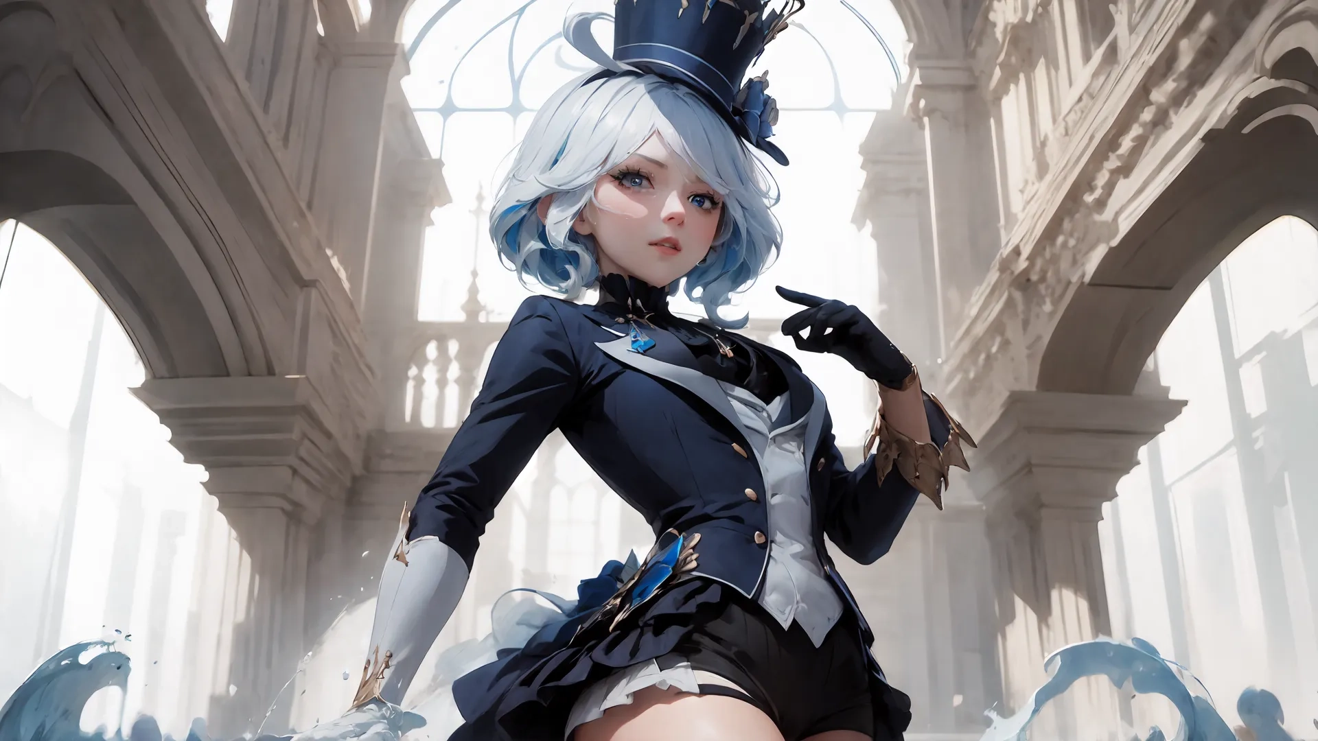 a girl dressed in the same cosplay outfit and a very high hat holds a small sword in two hands and looks right into a big open, slightly
