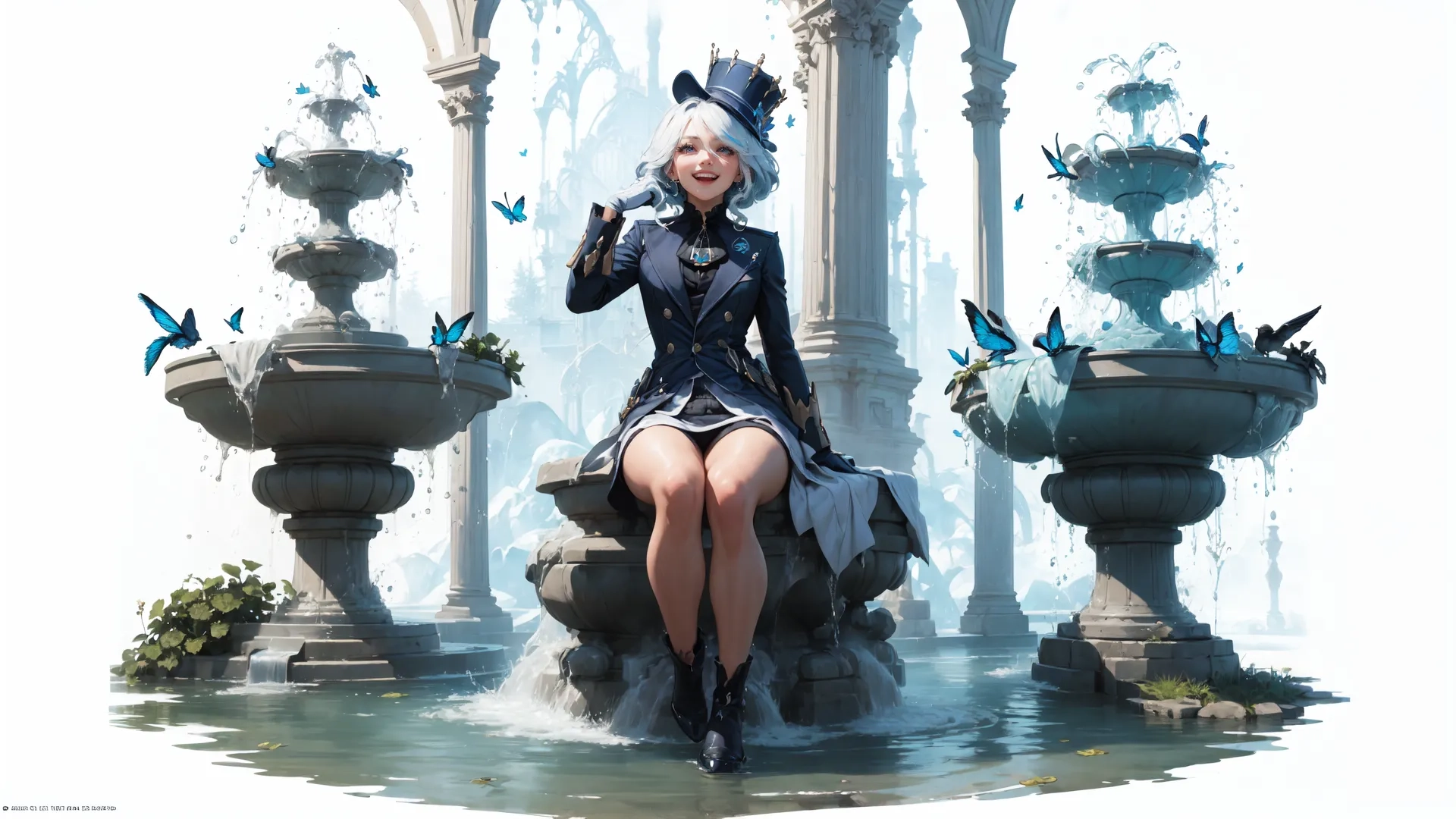 woman dressed in high quality clothing sitting on fountain of water, making music and singing with microphone nearby at outdoor event site in park area