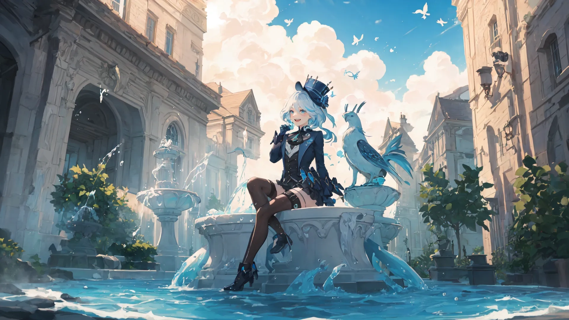 an animation scene of a girl on a fountain with swans and birds in her hand, and a building in the background, behind it