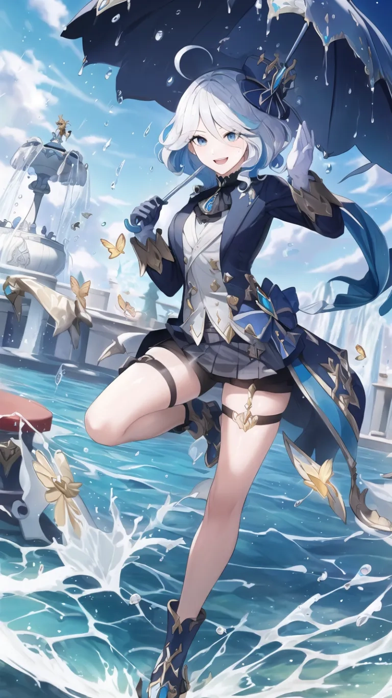 a woman in a sailor outfit holding an umbrella above the ocean and boats below her head, with a very large object near her stomached chest