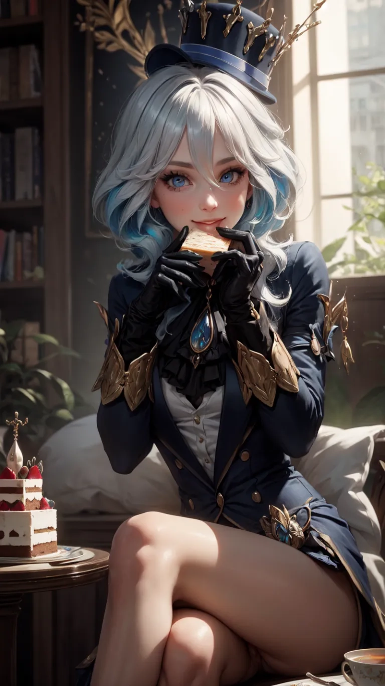 a japanese anime woman with ice - cream on a table in front of bookshelves and a coffee teapot topped by a candle