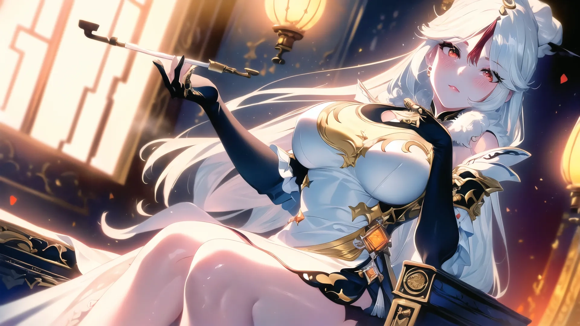 a woman wearing a costume sits on some steps, next to a tall lamp post and holding a large sword in her hands while the woman rests on the ground behind