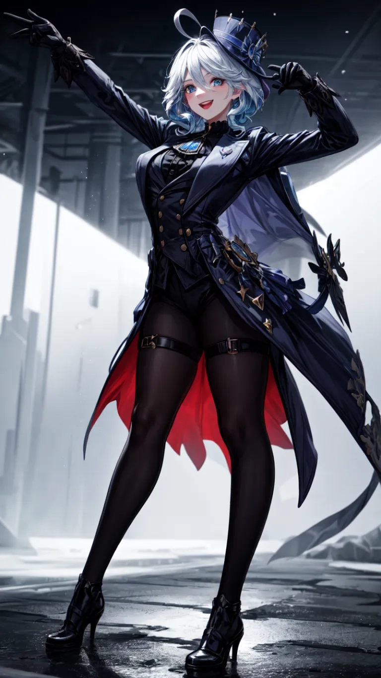 an illustration in a cyber - inspired style, girl is dressed in black and blue with red hair and a blue caped top and skirt