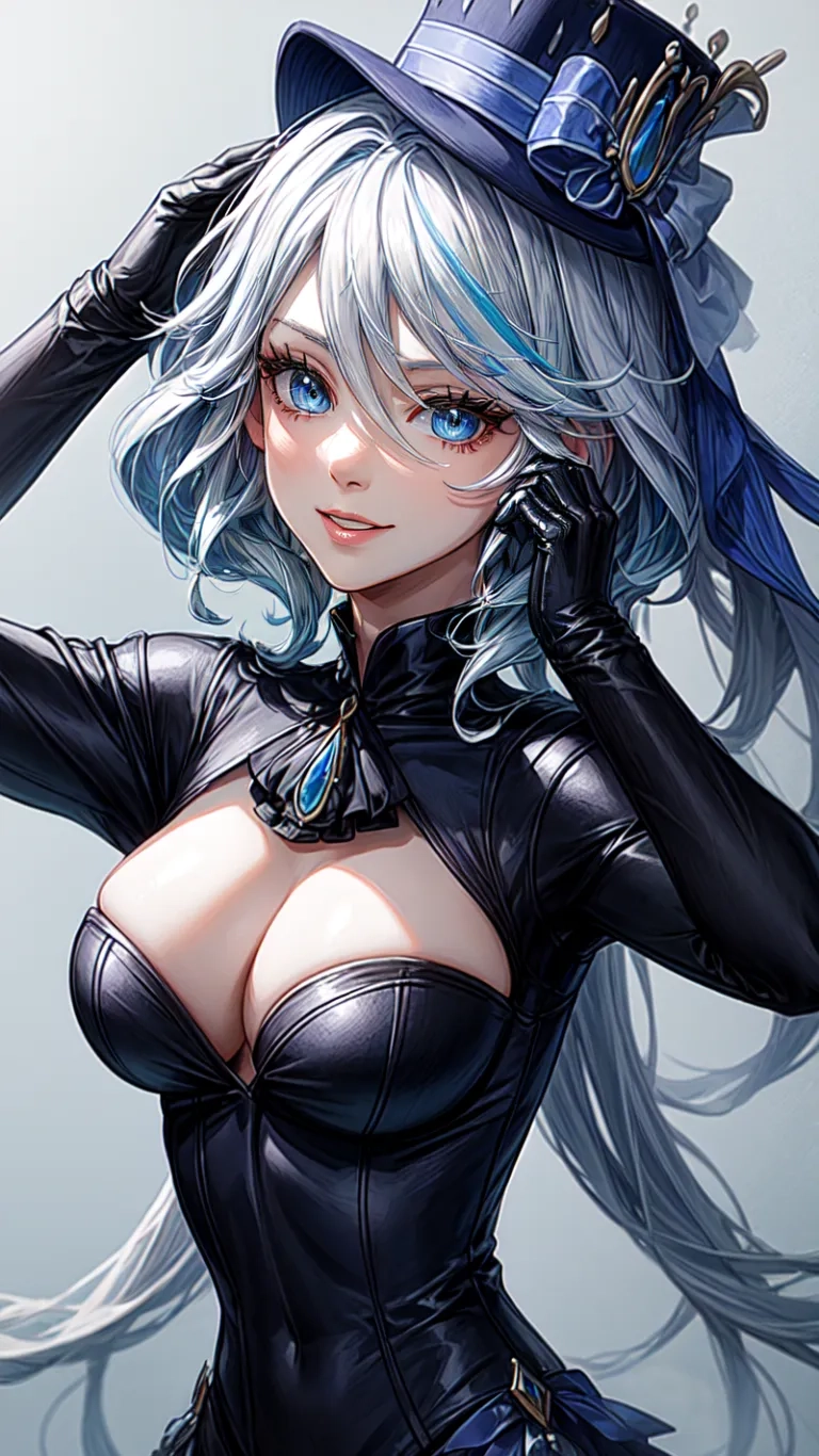 an animated image of a black haired girl in latex and an extremely elegant hat, long gloves and corsetlet on her arms