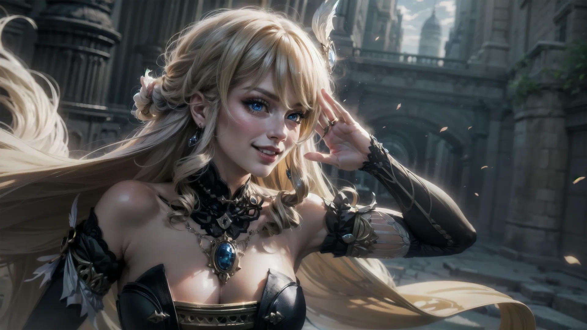 a woman in a very unusual make has a sword in her hand while waving a flying shaw of long hair near large buildings on the waterfront
