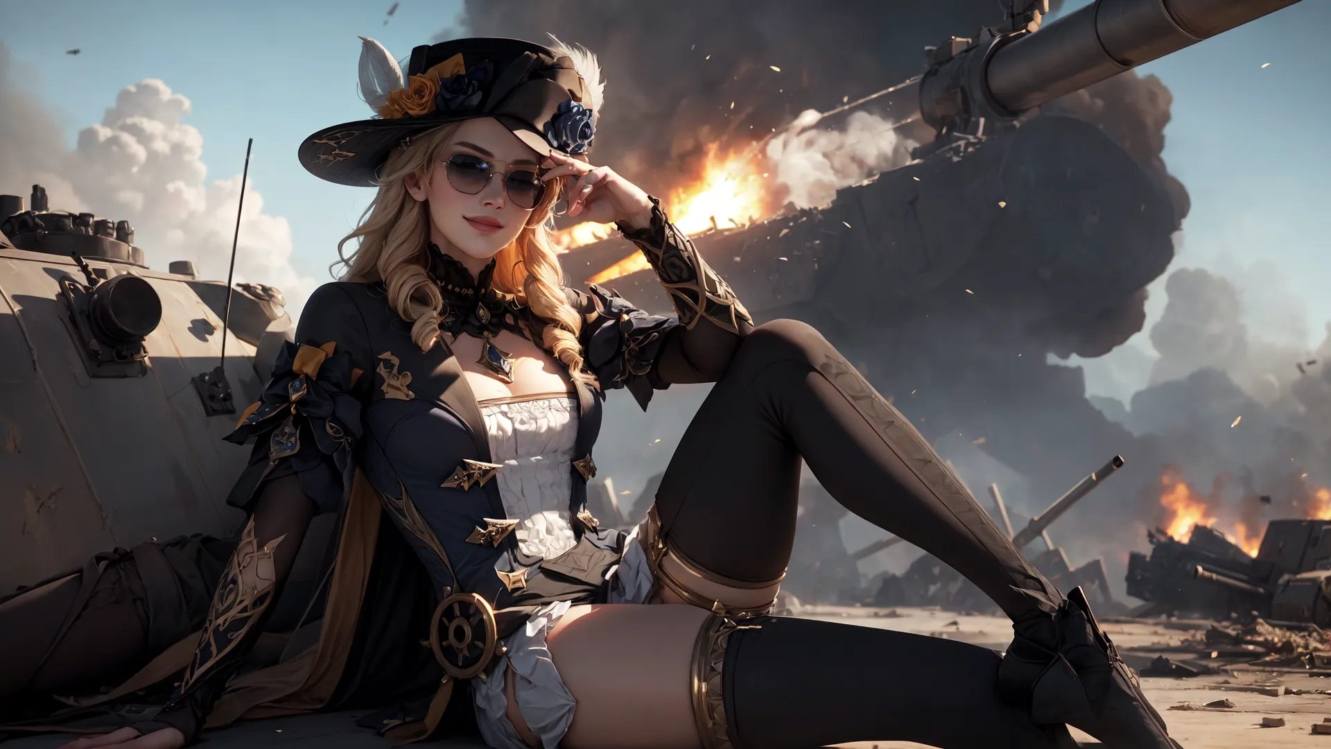 young woman with guns in uniform on sandy area behind tanks are exploding at viewer from clouds and sky in background's image from the game
