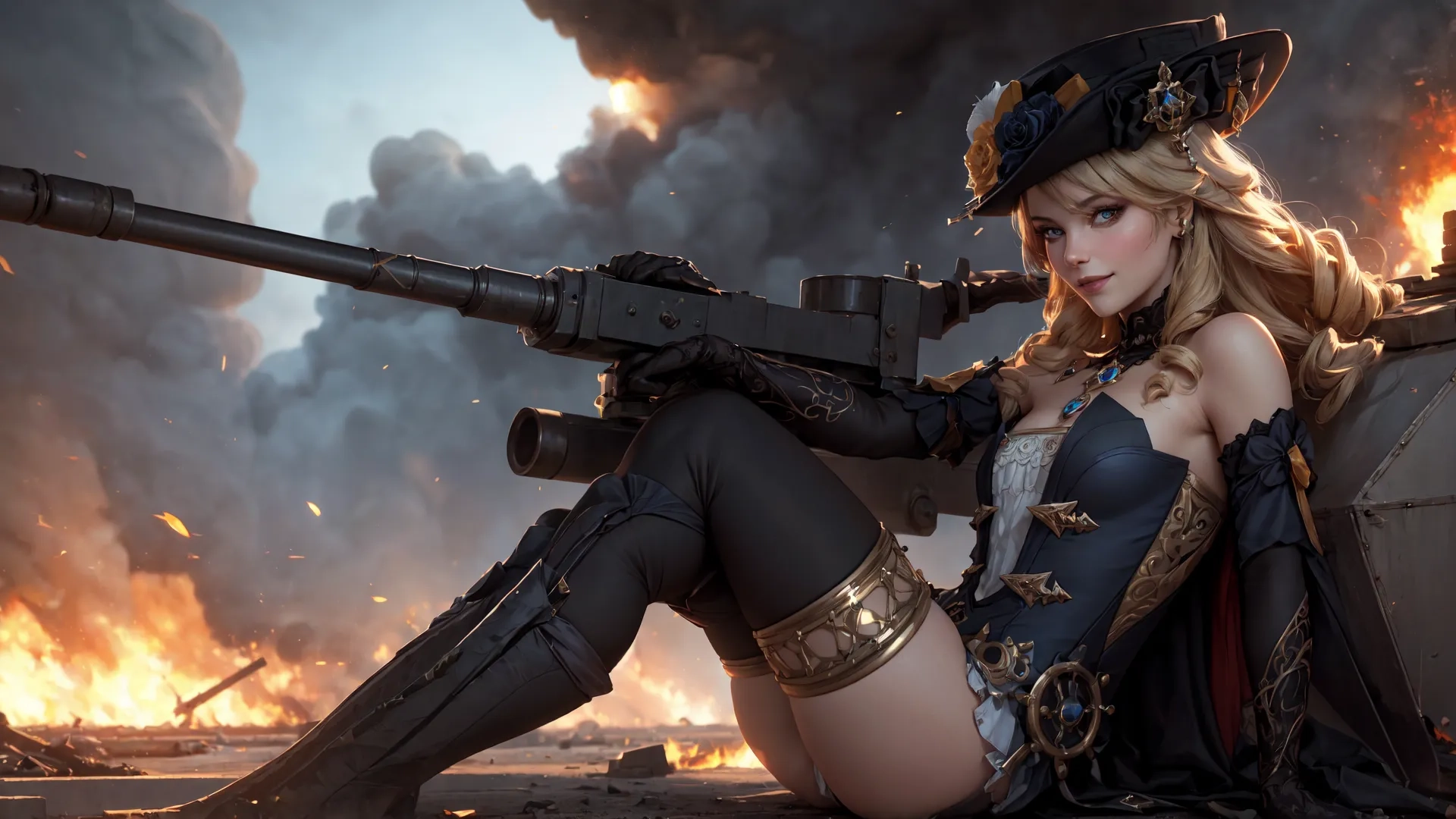 a sexy army women posing with rifle and gun against fire and burning building wallpapers in background, the girl is wearing her military gear