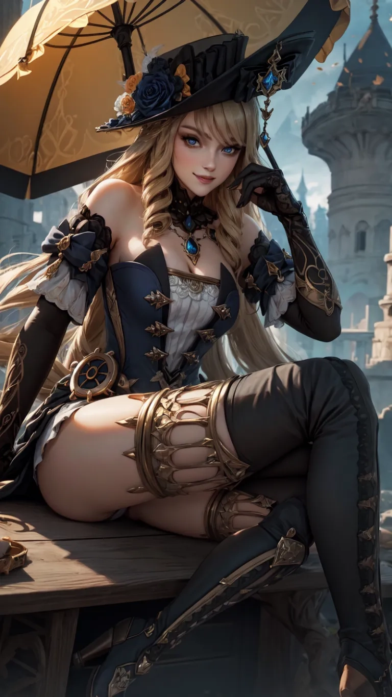 a very sexy young lady wearing some clothes and holding an umbrella to protect her from the sun and storm in front of an ornate, vintage castle
