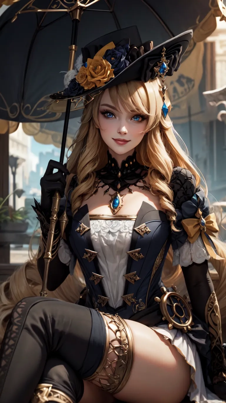 a woman with glasses sitting under a blue umbrella near buildings, wearing a very big black hat and dress set of gloves, boots with a hood on her feet in her legs up