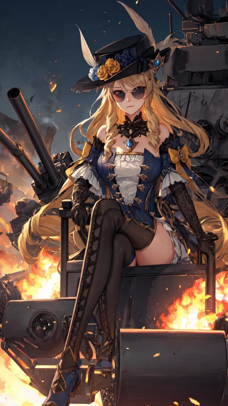a anime character with long hair and long clothes on fire engines in the air with others in the background area of the scene, but