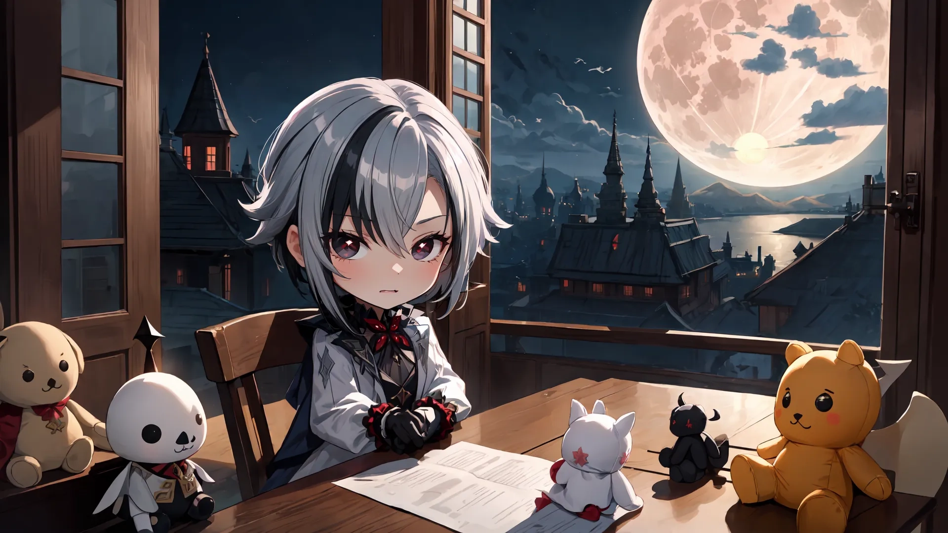 a girl sitting at a desk in front of a window, writing on paper and a teddy bear next to a table covered with stuffed animal