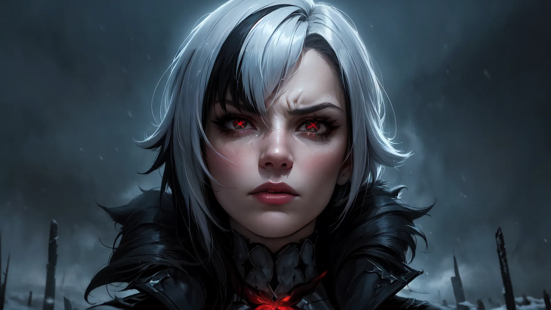 this is a very strange looking girl surrounded by a tree limbp and buildings behind her, she has red eyes, a pink bow tie around the head,