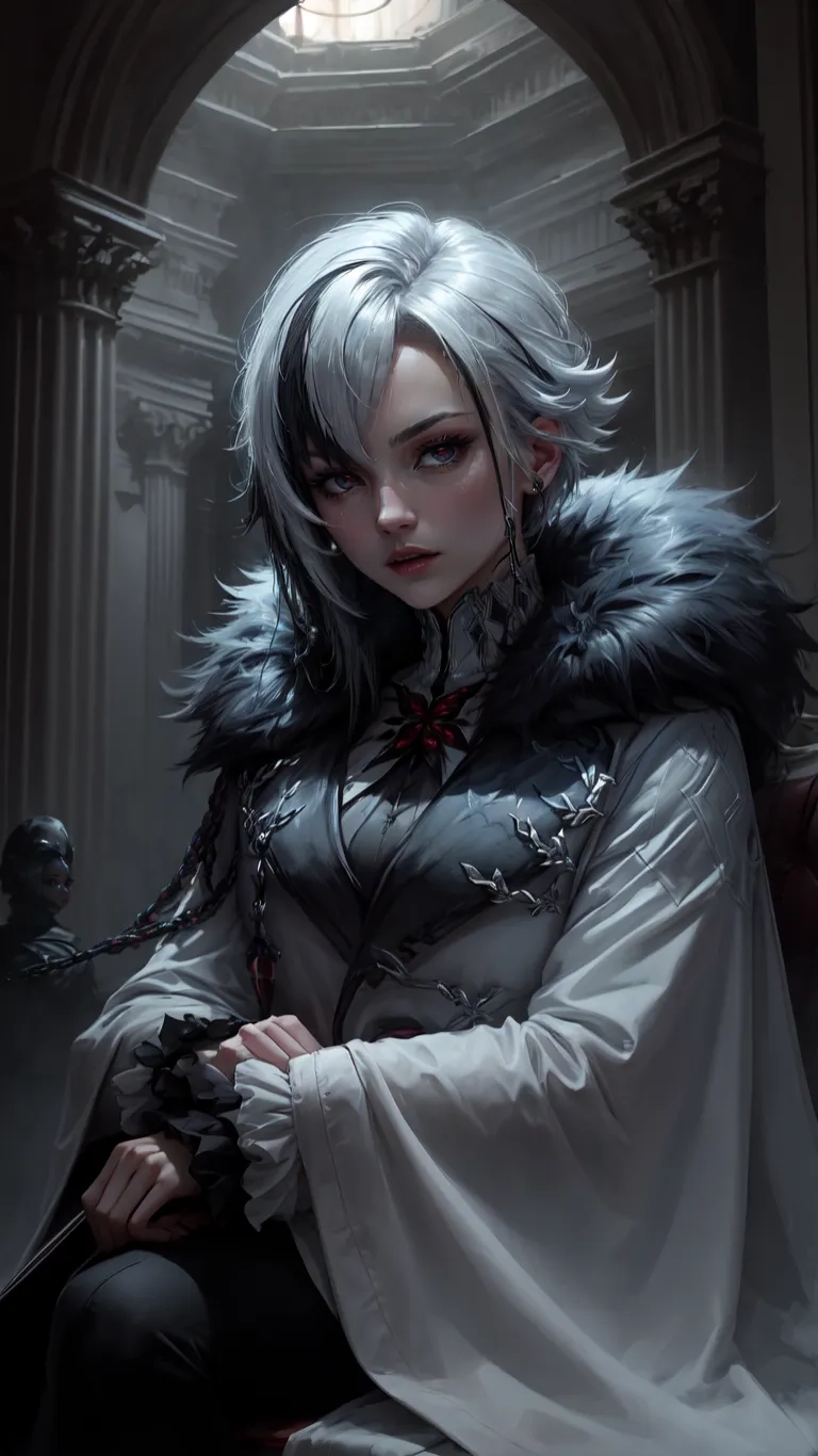 a person sitting down in a hall wearing a white robe with black leathers and dark gloves posing with a sword on a throne behind them