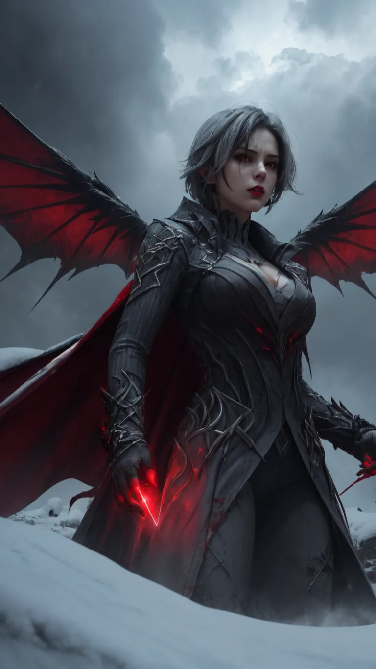 a women knight is shown in the snow while holding a sword in her right hand and red on fire on the chest of the costume
