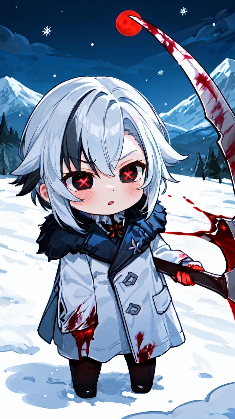 the cartoon character is very bloody over the snow with a red knife in his right hand and blood around her mouth the object is off