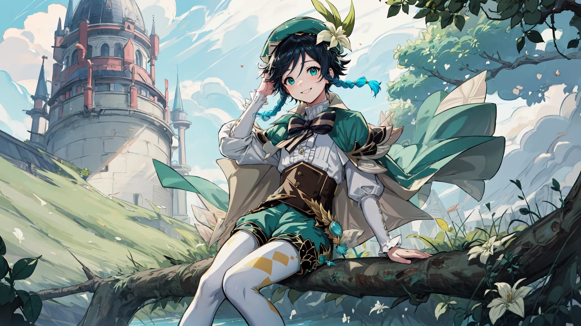a guy has a very long hair and is sitting on the tree branch in front of a castle with plants around him and wearing boots