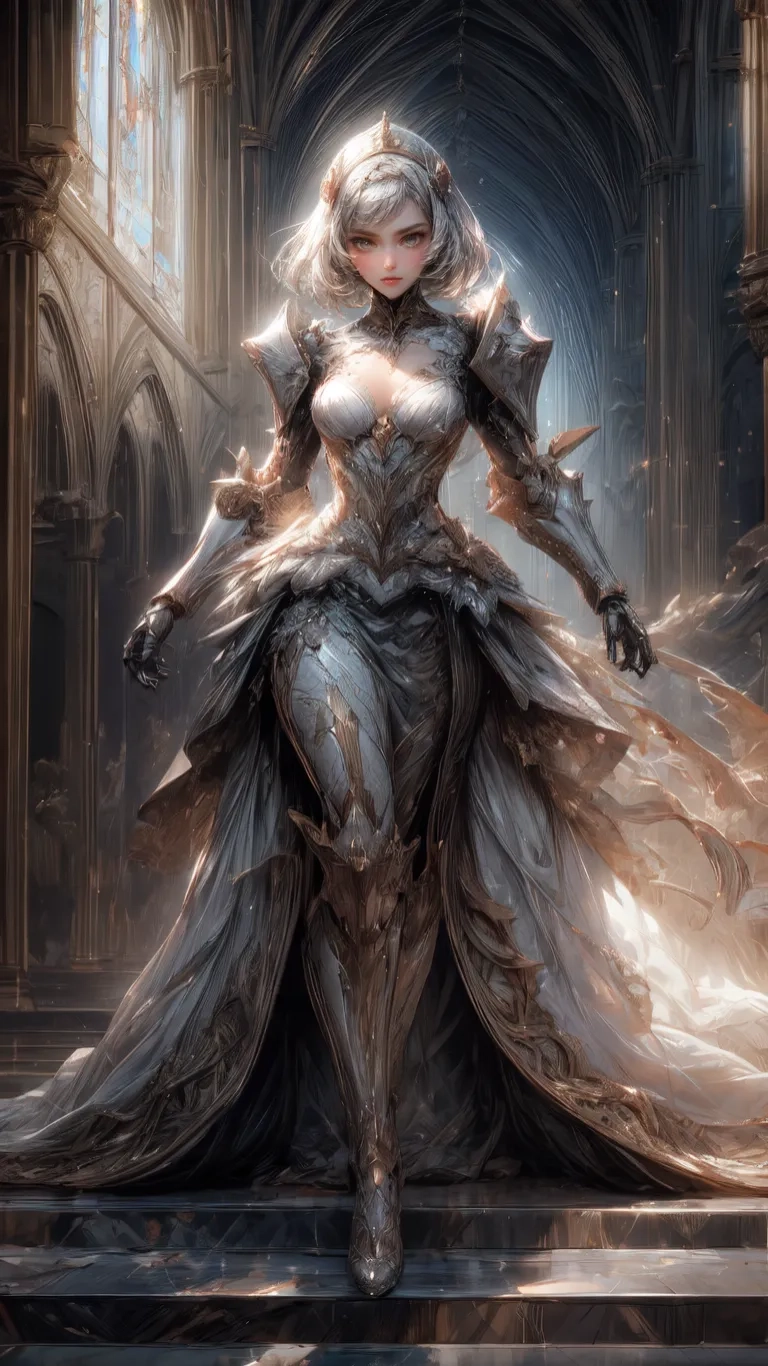 a female character in armor on the steps of a building with a castle and pillars beyond her, with a glowing curtain that hangs below
